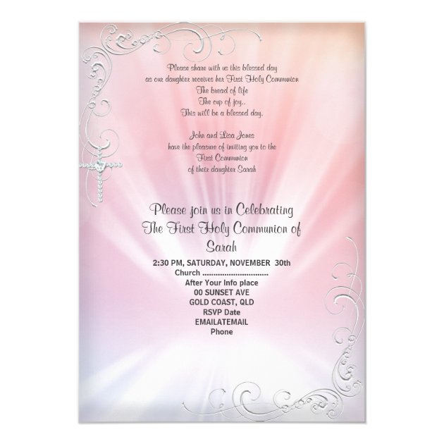 Girl First Holy Communion White Pink Heavenly 2 Invitation