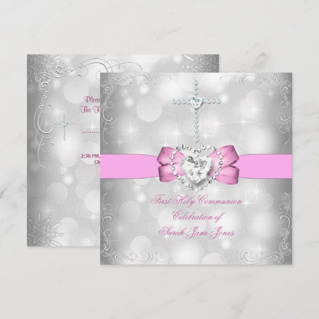 Girl First Holy Communion White Pink Invitation (Front/Back)
