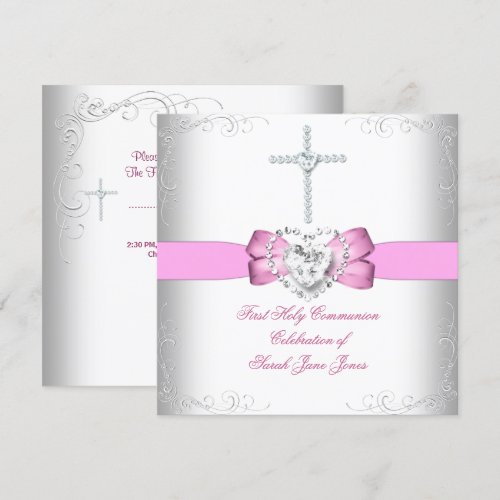 Girl First Holy Communion White Pink Personalized Invite