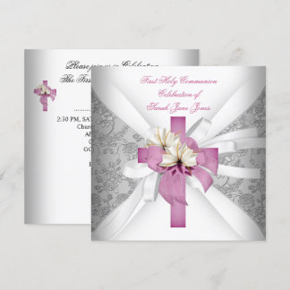 Girl First Holy Communion White Pink Invitation