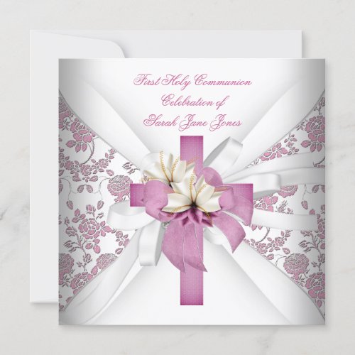 Girl First Holy Communion White Pink Announcements