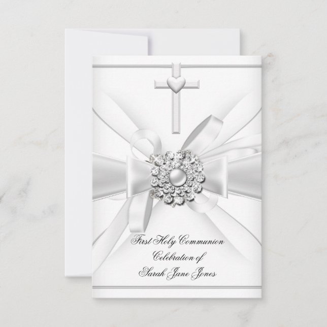 Girl First Holy Communion White Silver Cross Invitation (Front)