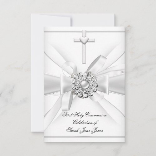 Girl First Holy Communion White Silver Cross Invitation