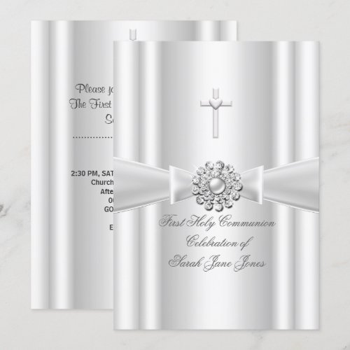 Girl First Holy Communion White Silver Invitation
