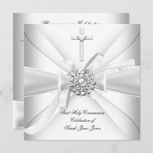 Girl First Holy Communion White Silver Invitation (Front/Back)
