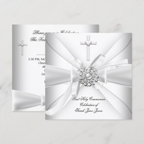 Girl First Holy Communion White Silver Invite