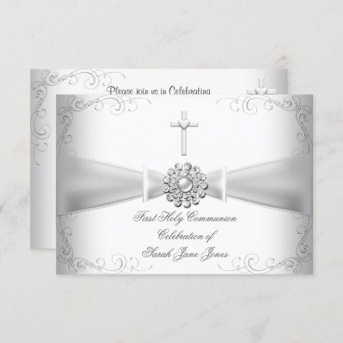 Girl First Holy Communion White Silver Invitation