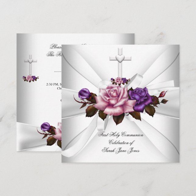 Girl First Holy Communion White Silver Pink Purple Invitation (Front/Back)
