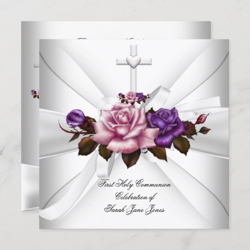 Girl First Holy Communion White Silver Pink Purple Invitation