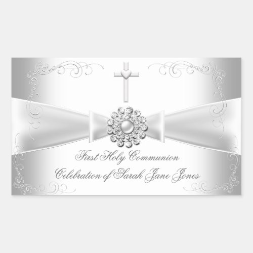 Girl First Holy Communion White Silver Rectangular Sticker