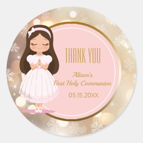 Girl First Holy Communion Winter Pink Gold Bokeh Classic Round Sticker