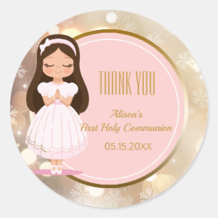 Girl First Holy Communion Winter Pink Gold Bokeh Classic Round Sticker