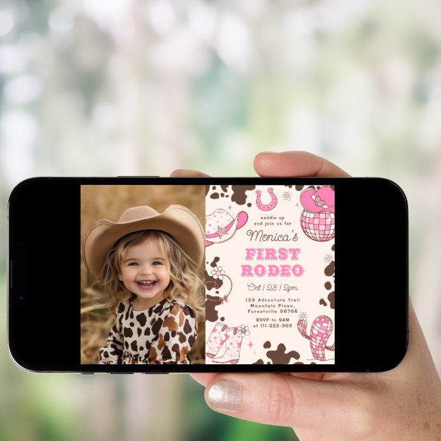 Girl First Rodeo 1st birthday party photo Invitation (Front Digital)