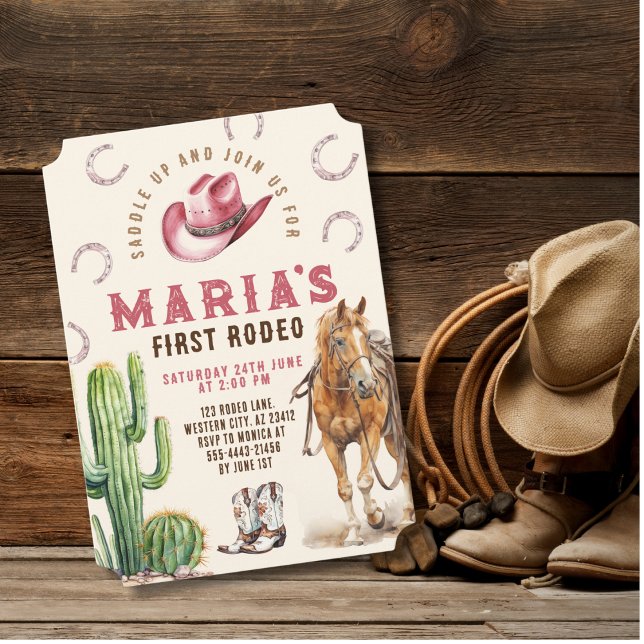 Girl First Rodeo Horse Cowboy Hat Boots Birthday Invitation (Creator Uploaded)