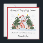 Girl First Second Third Christmas Snowman Card<br><div class="desc">This Christmas card is suitable for a girl on their first,  second or third Christmas. The design includes a red border outline,  light blue snowflakes,  watercolour Christmas trees,  candy canes,  presents and snowman.</div>