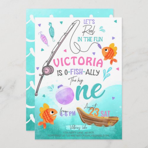 Girl Fishing 1st Birthday Invitation