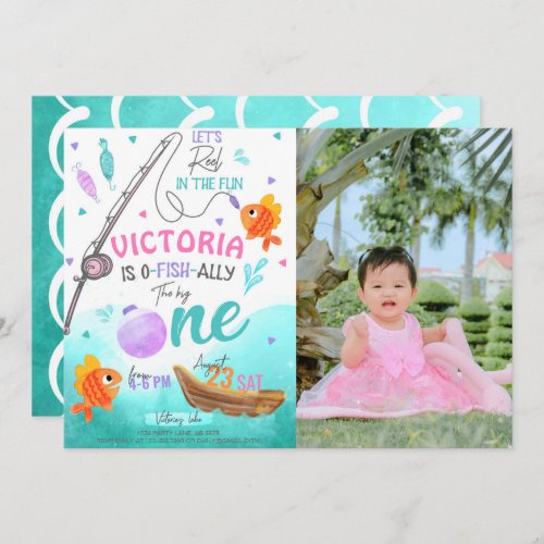 Girl Fishing 1st Birthday Photo Invitation