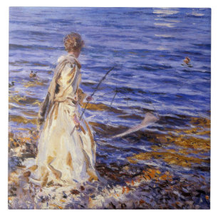 Girl Fishing (by John Singer Sargent) Ceramic Tile