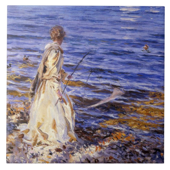 Girl Fishing (by John Singer Sargent) Ceramic Tile (Front)