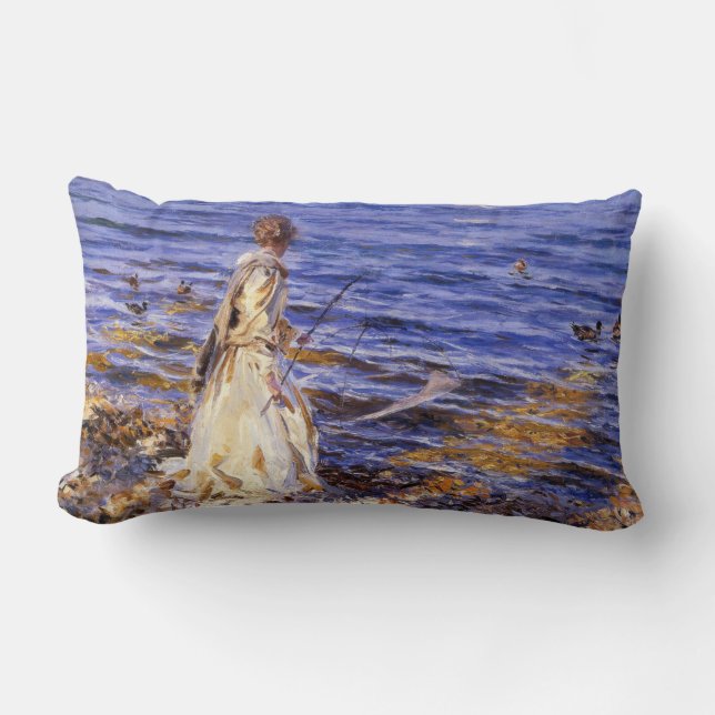 Girl Fishing (by John Singer Sargent) Lumbar Pillow (Front)