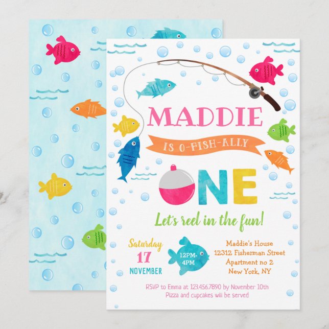 Girl Fishing O-fish-ally 1st Birthday Invitations (Front/Back)