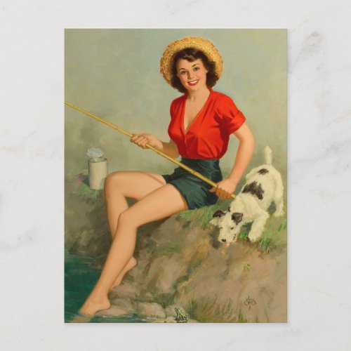 Girl Fishing Pin Up Art Postcard