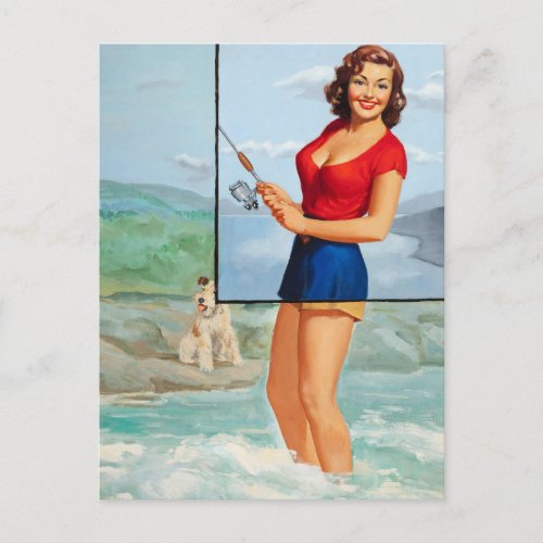 Girl Fishing Pin Up Art Postcard