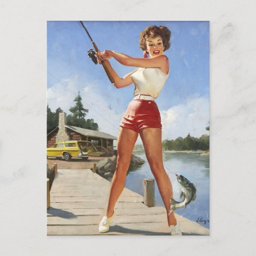 Girl Fishing Pin Up Art Postcard