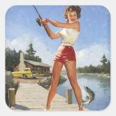 Girl Fishing Pin Up Art Square Sticker