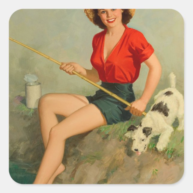 Girl Fishing Pin Up Art Square Sticker (Front)