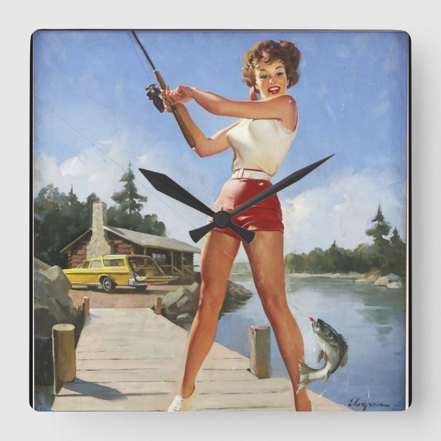 Girl Fishing Pin Up Art Square Wall Clock (Front)