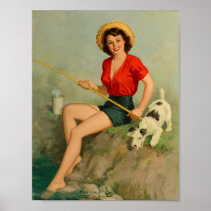 Girl Fishing With Dog Pin Up Poster