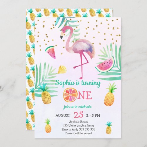 Girl Flamingo 1st Birthday Summer Watercolor Invitation