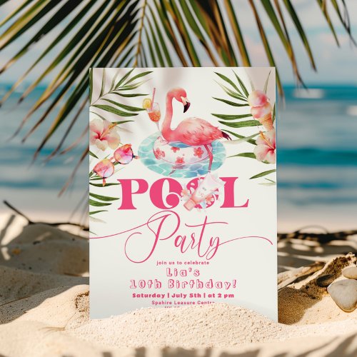 Girl Flamingo pool party birthday  Invitation