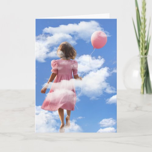 Girl Floating In Clouds With Ballon Card