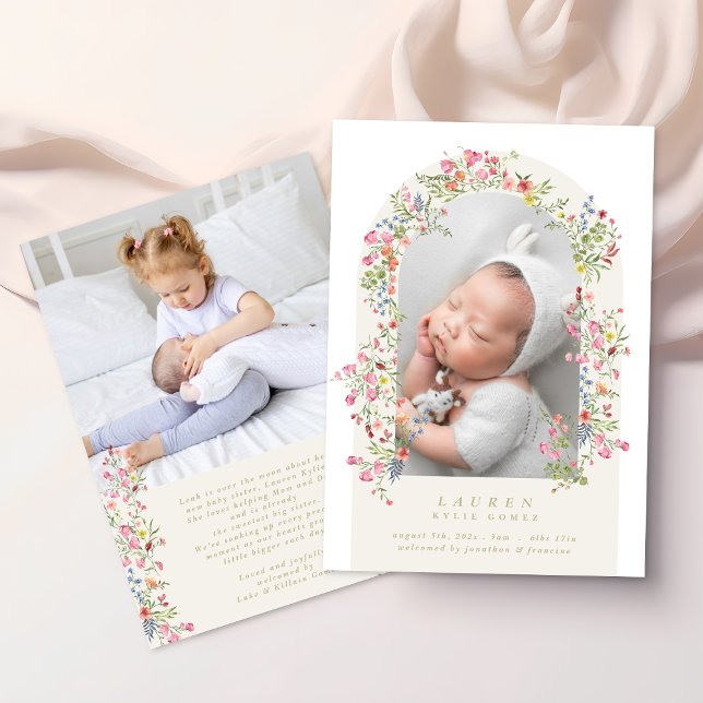 girl floral arch photo custom text baby birth announcement (Creator Uploaded)