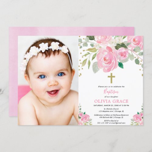 Girl floral baptism blush pink photo invitation