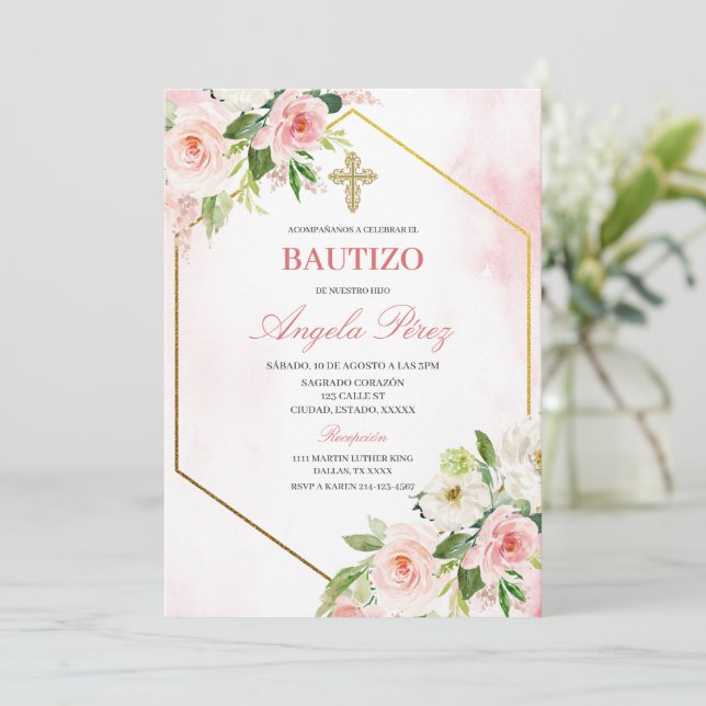 Girl Floral Bautizo Spanish Invitation (Standing Front)