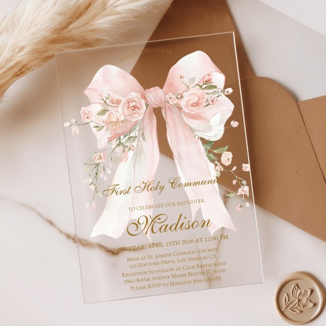 Girl Floral Bow First Holy Communion Acrylic Invitations (Creator Uploaded)