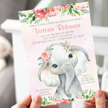 Girl Floral Elephant Baby Shower Invitation by The_Baby_Boutique at Zazzle