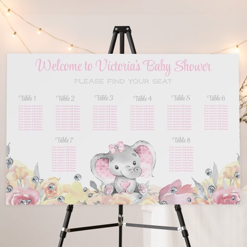Girl Floral Elephant Baby Shower Seating Chart Foam Board