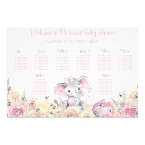 Girl Floral Elephant Baby Shower Seating Chart Photo Print