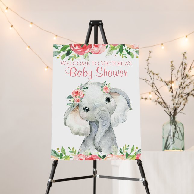 Girl Floral Elephant Baby Shower Welcome Sign (In Situ (Stand))