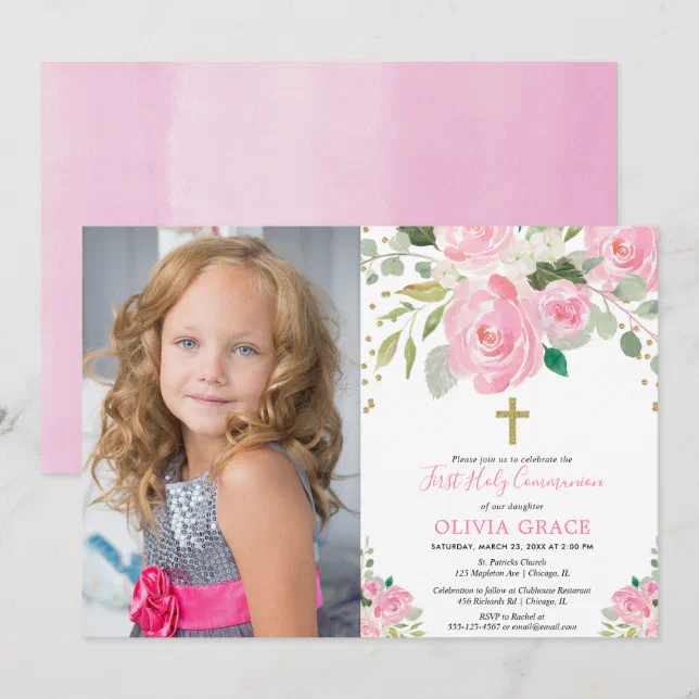 Girl floral first holy communion blush pink photo invitation | Zazzle