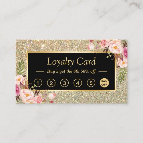 Girl Floral Gold Glitter Sparkling Loyalty Card