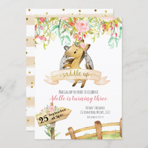 Girl Floral Horse Saddle Up Birthday Invitation