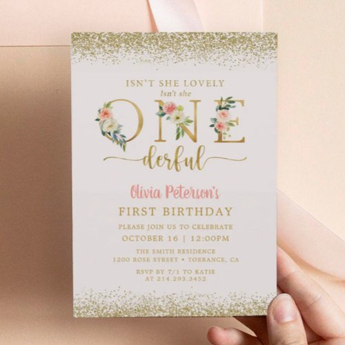 Girl Floral Isnt She Onederful 1st Birthday Invitation