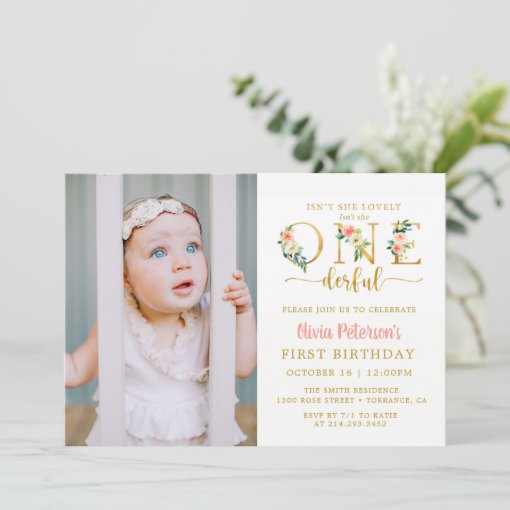 Girl Floral Isn't She Onederful 1st Birthday Photo Invitation | Zazzle