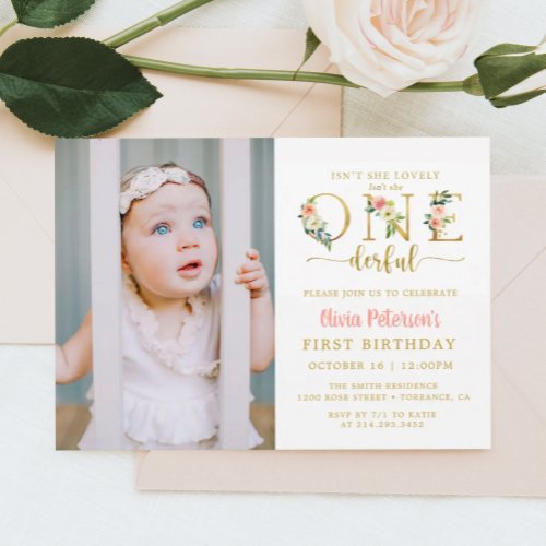 Girl Floral Isnt She Onederful 1st Birthday Photo Invitation