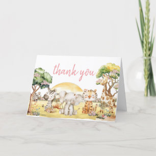 Girl Floral Jungle Safari Animals Baby Shower Letterpress Thank You Card